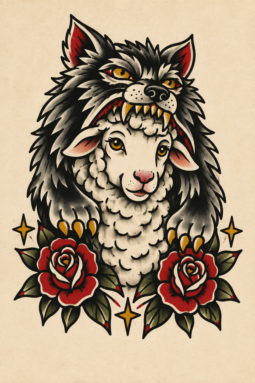 American traditional sheep in wolf’s clothing: a gentle sheep face beneath a fierce wolf hood, framed by red roses