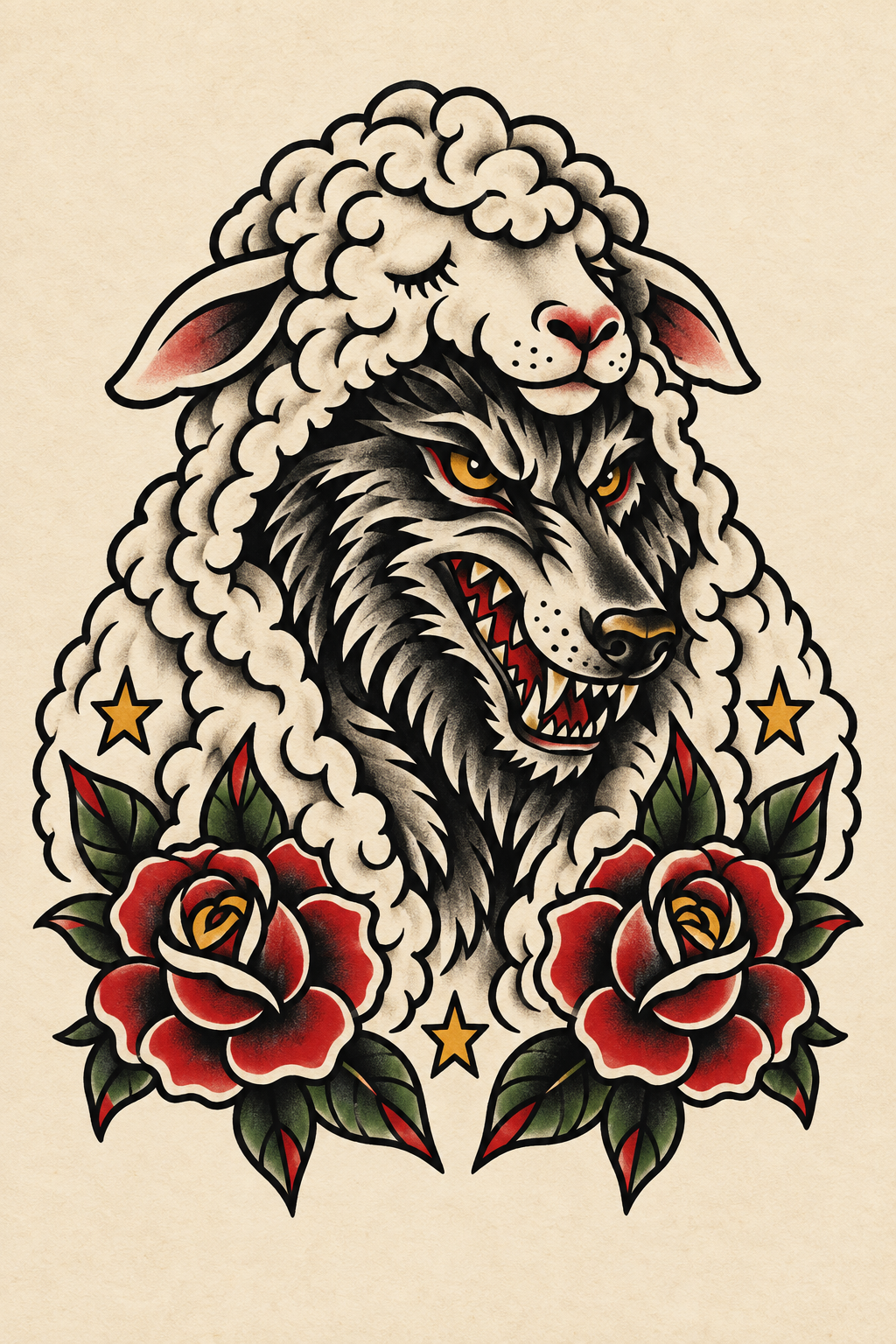 American traditional wolf in sheep’s clothing: a fierce wolf emerging from a soft sheep fleece hood, framed by red roses