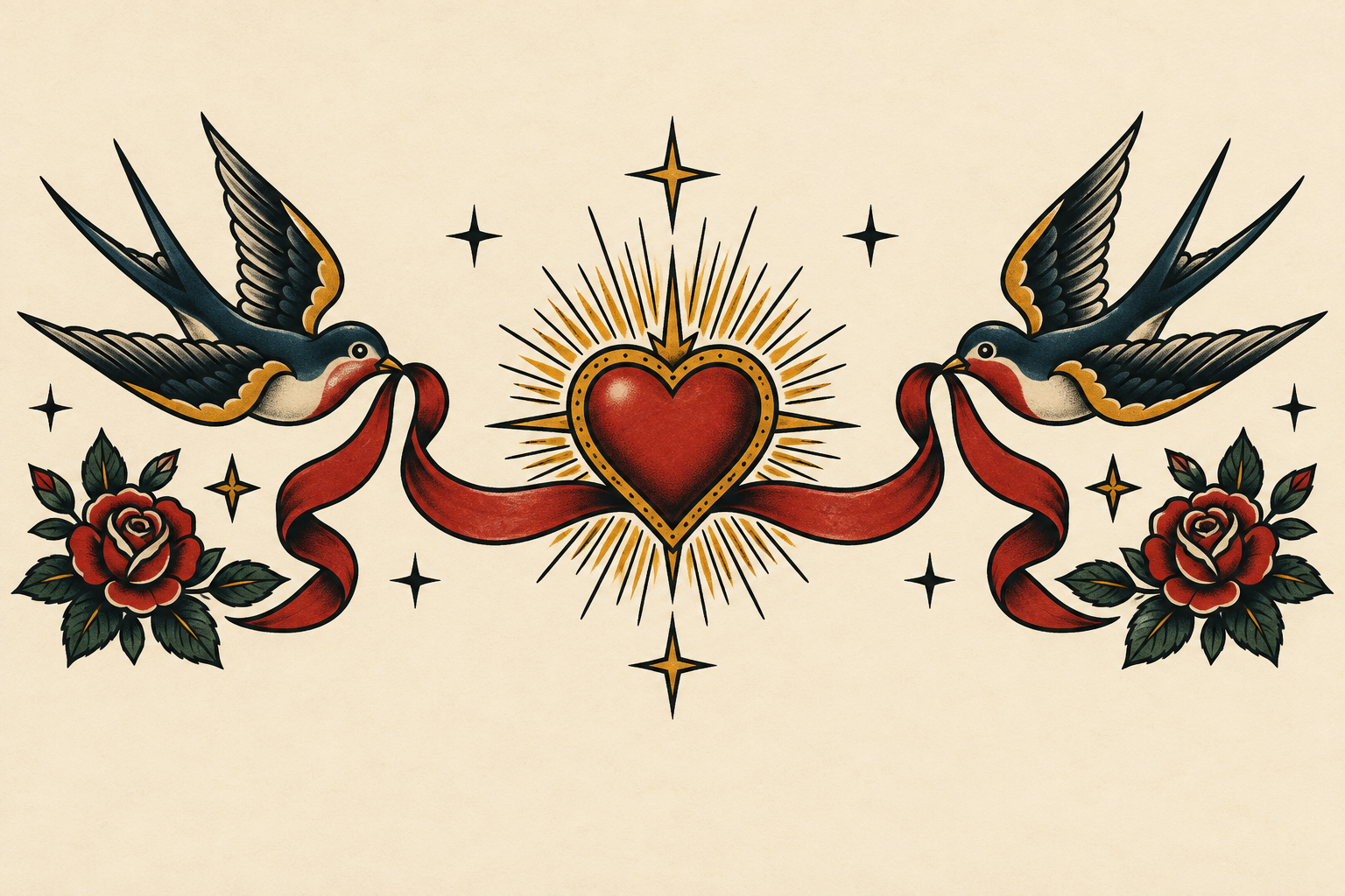 American traditional tattoo illustration of swallows holding a red ribbon around a heart, with roses and stars